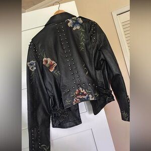 Floral Embroidered Black Leather Jacket